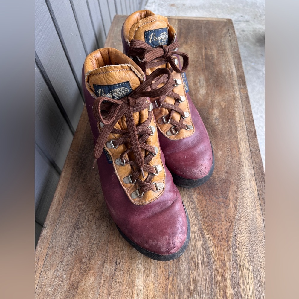 Vintage Vasque Gore Tex Leather Hiking Boot in Burgundy and Tan Made in Italy